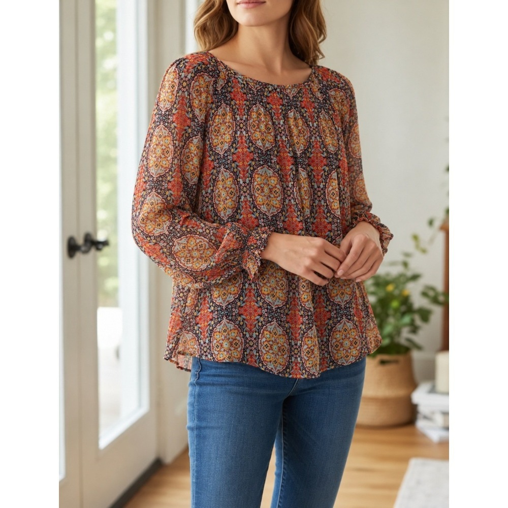 Sundance Silk Blouse Smocked Paisley Medallion L Boho Chic Top Etheral Romantic